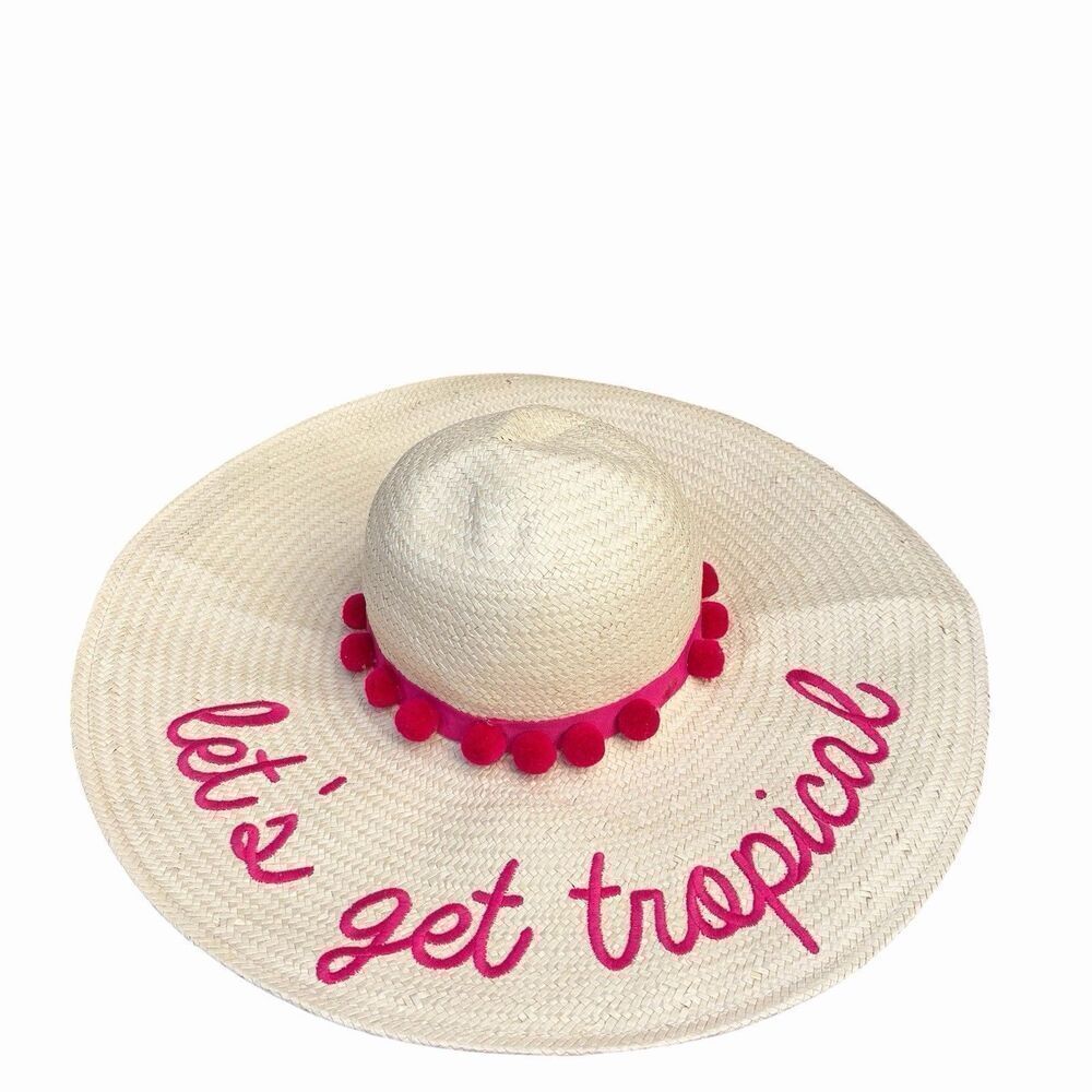 Mud Pie White/Pink Paper Straw Beach/Sun Hat Let's Get Tropical Vacation Travel